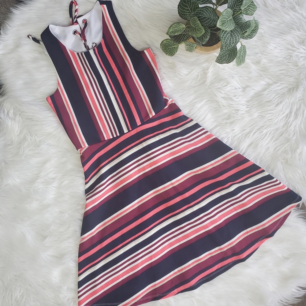 Striped Lace Up Skater Dress